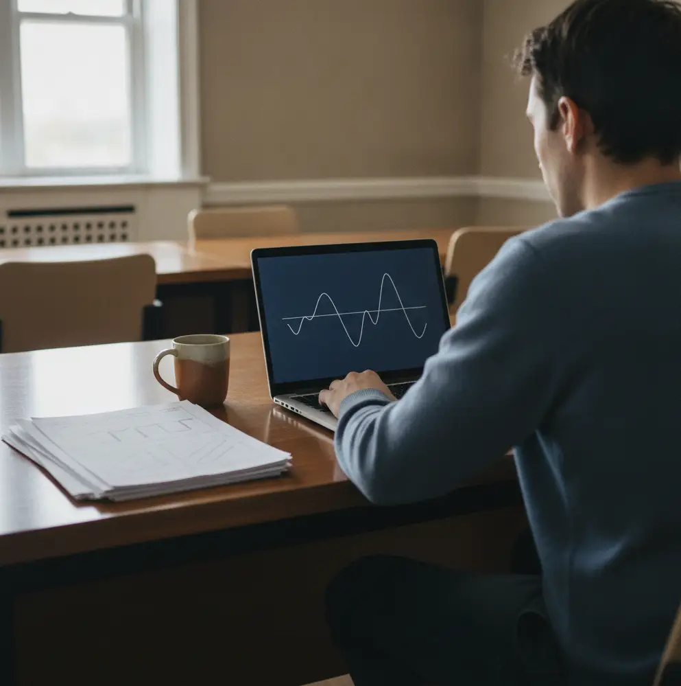 Osoba widziana od tyłu przegląda wykres na ekranie laptopa w sali szkoleniowej